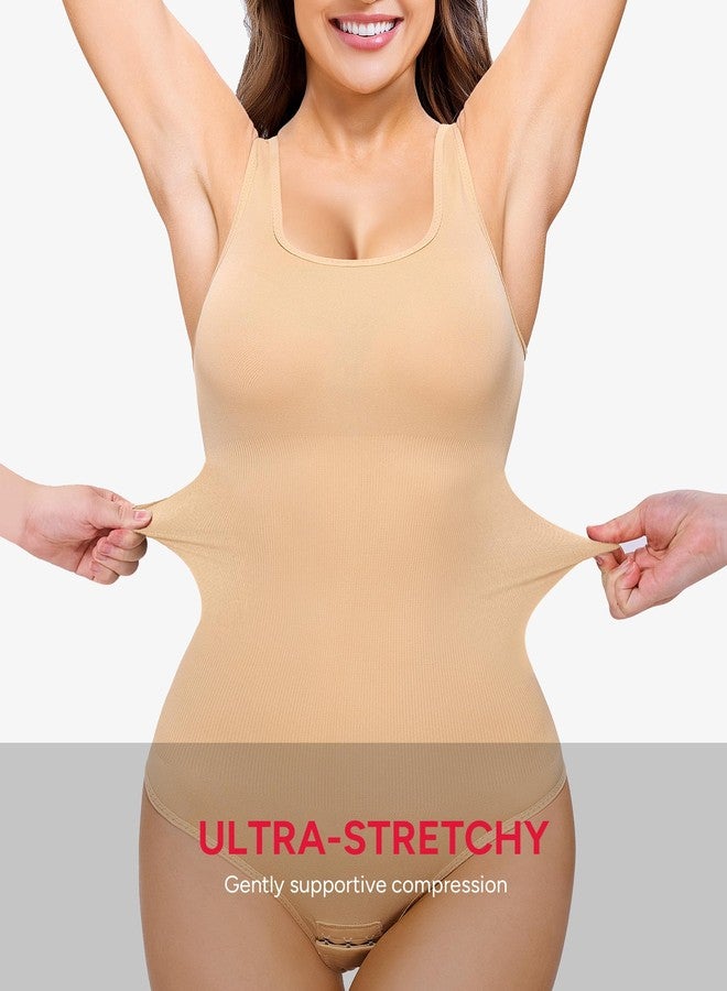 Nebility Womens' Waist Trainer Seamless Round Neck Tummy Control Shapewear Bodysuit (Beige Thong Bodysuit, M/L) - Image 2